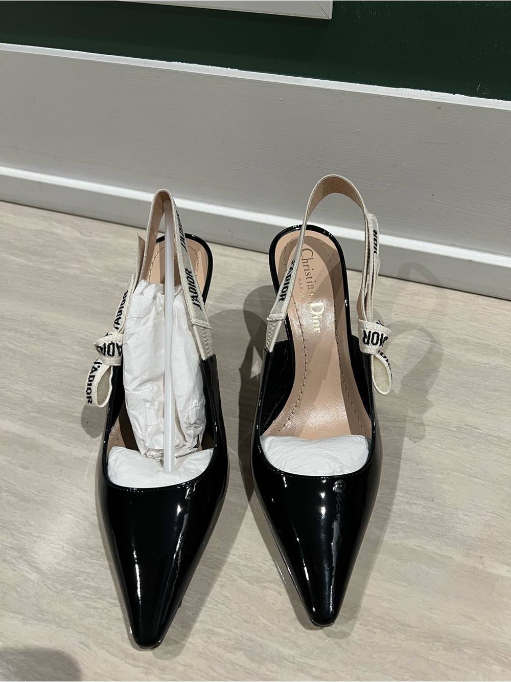 Dior Black Patent Pointed Slingback Pumps with Logo Ribbon